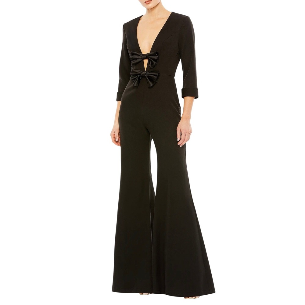 NWT Ieena for Mac Duggal Jumpsuit Black‎ Bow Front Plunging V Neck Wide Leg